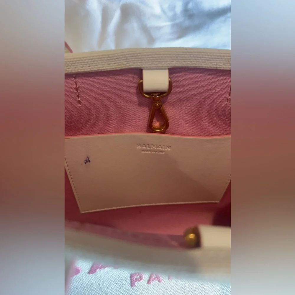 Authentic Balmain Paris Small B-Army Tote White Canvas Pink leather trim logo.